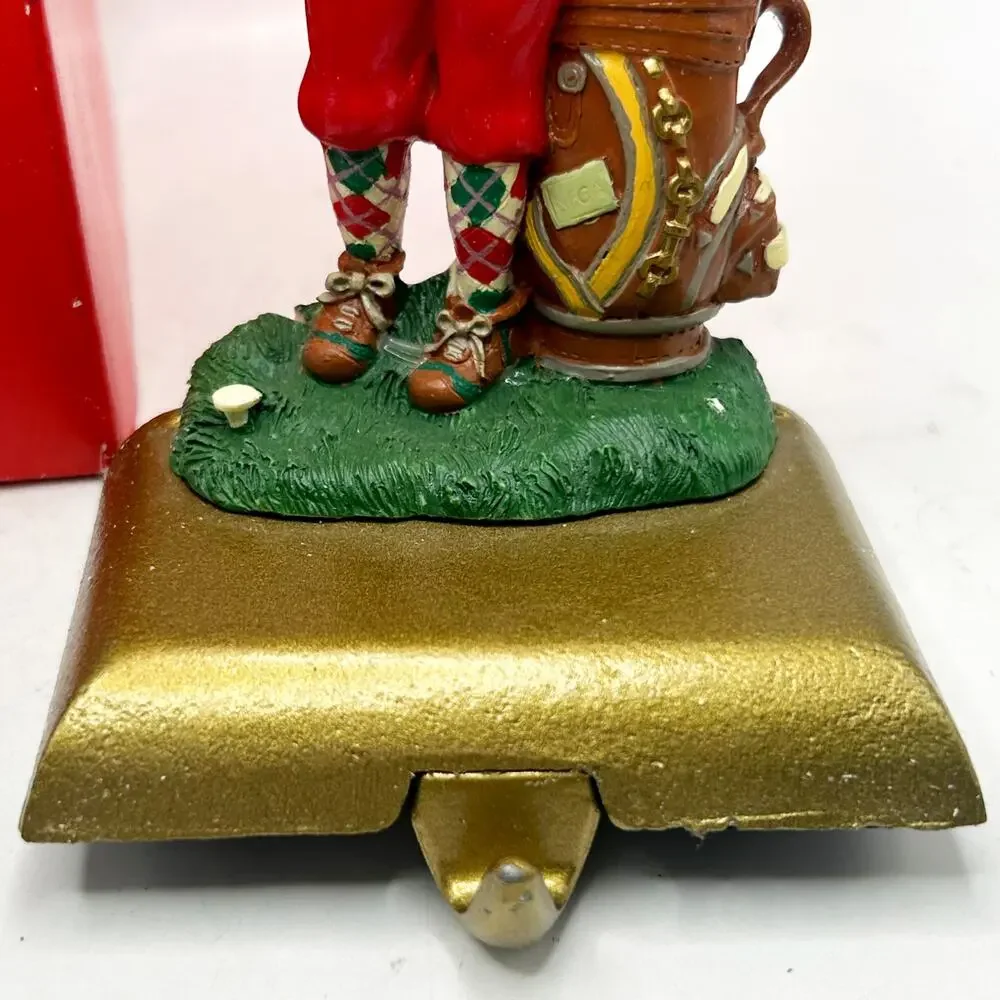 VTG HandPainted Potpourri Designs Golfing Santa Stocking Hanger w/Cast Iron Base